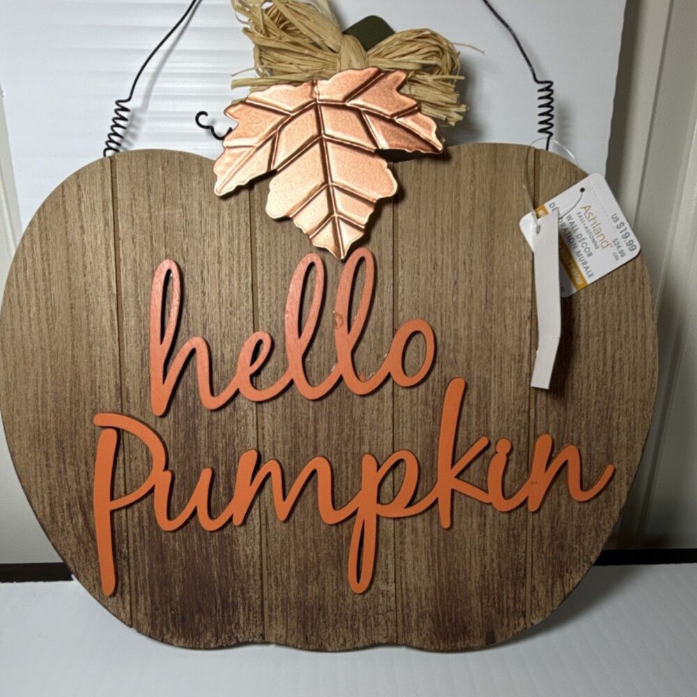 Ashland Hello Pumpkin Hanging Wood Plaque/Sign Halloween Decor 15x14 Brown NWT
